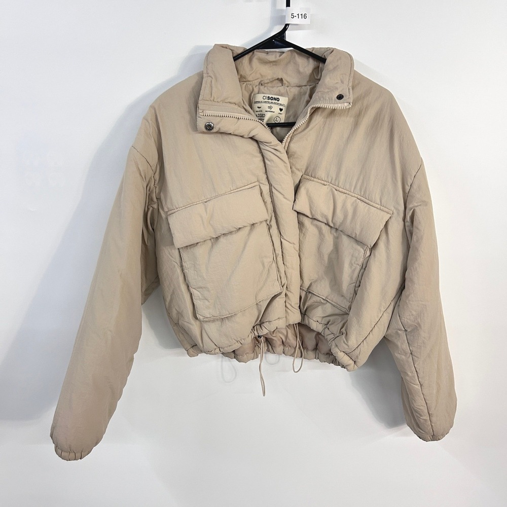 Cropped Bubble Puffer Utility Jacket Large Beige Drawstring Gorpcore Streetwear